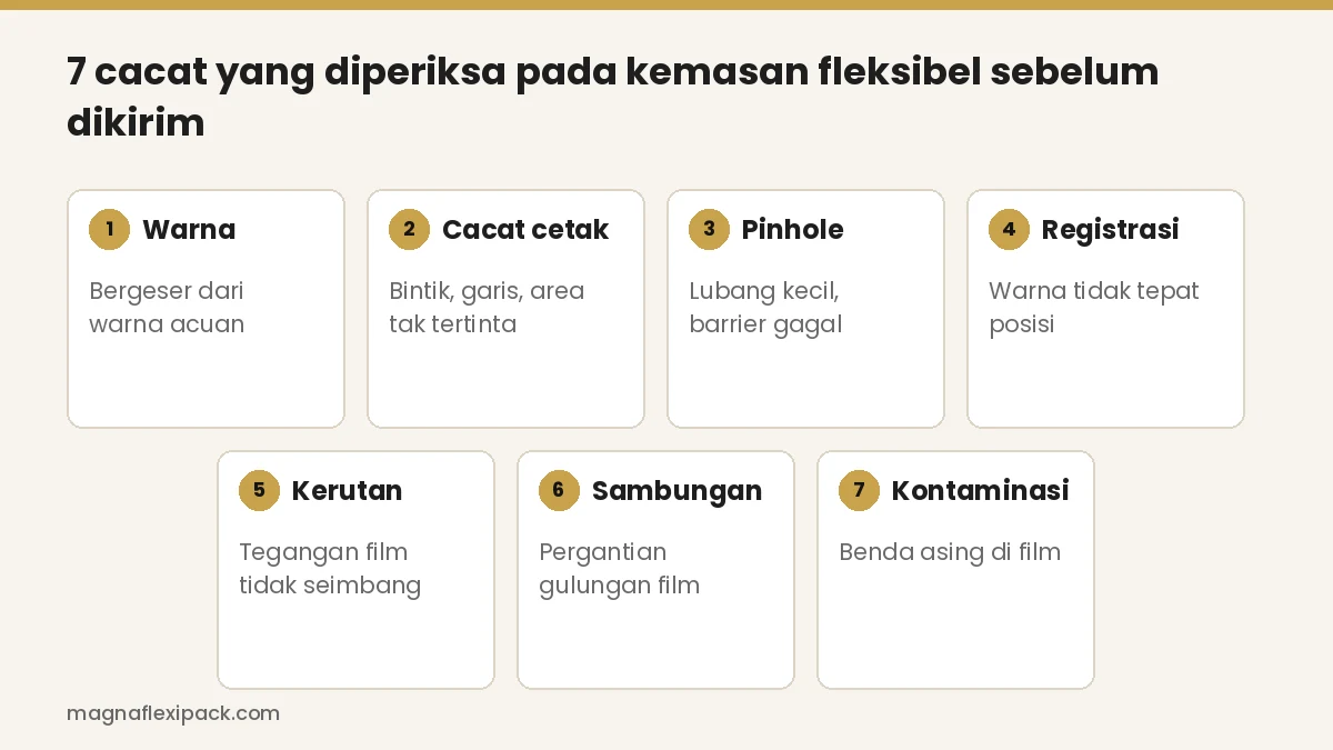 Tujuh cacat yang diperiksa pada kemasan fleksibel: warna, cacat cetak, pinhole, registrasi, kerutan, sambungan, dan kontaminasi