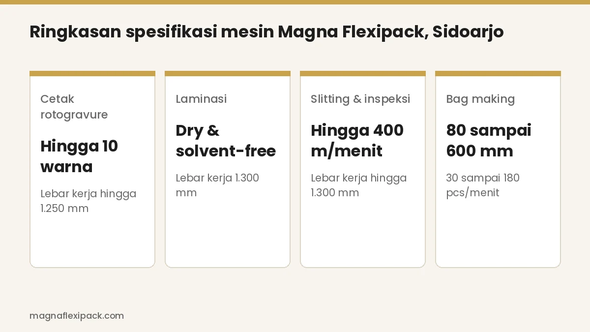 Ringkasan spesifikasi mesin pabrik kemasan Magna Flexipack: cetak rotogravure hingga 10 warna dan 1.250 mm, laminasi 1.300 mm, slitting dan inspeksi hingga 400 m per menit, bag making 80 sampai 600 mm